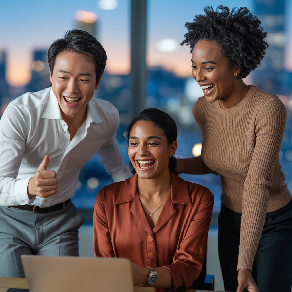 Diverse group of business professionals celebrating a strategic breakthrough in a modern office at night; a man gestures approval with a thumbs-up while colleagues laugh with relief and authentic confidence.